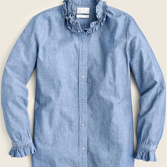 J. Crew Classic-Fit Ruffleneck Chambray Shirt Preppy Granola Girl Button-Up Sz 8 - Picture 1 of 6